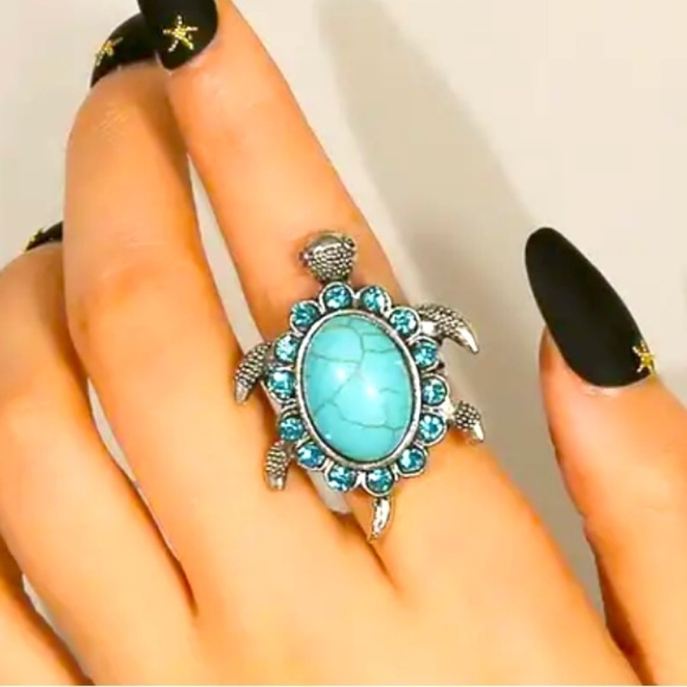 Faux Turquoise and Blue Rhinestone Sea Turtle Statement Ring Size is Adjustable